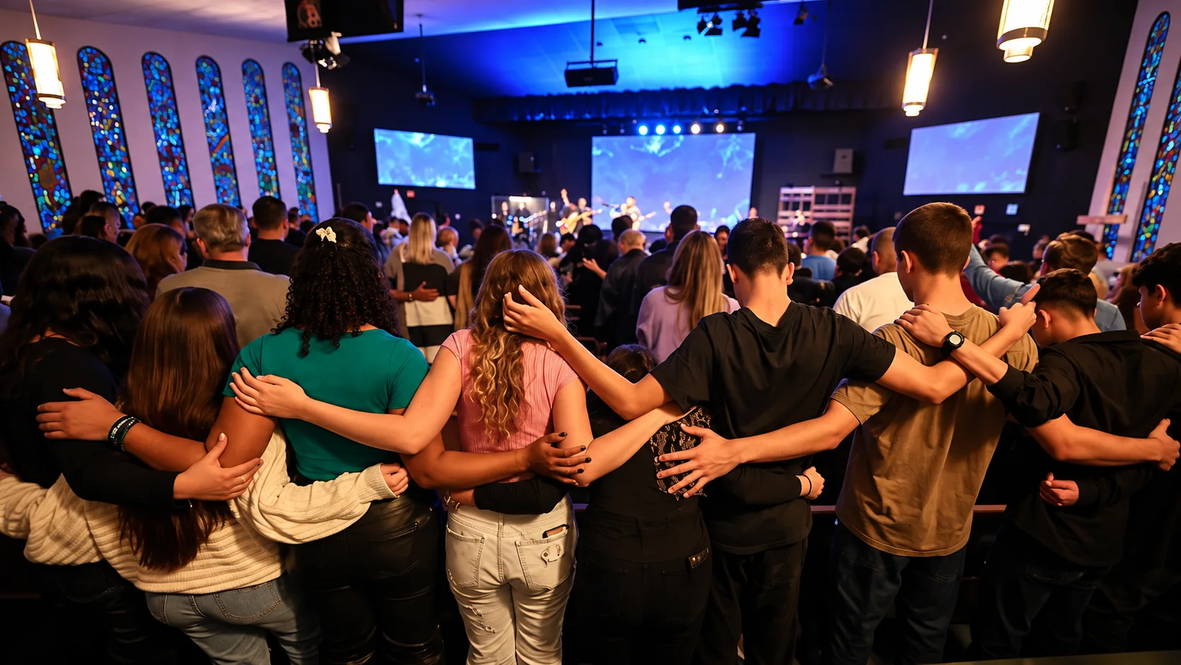 Congregação com as mãos levantadas em adoração